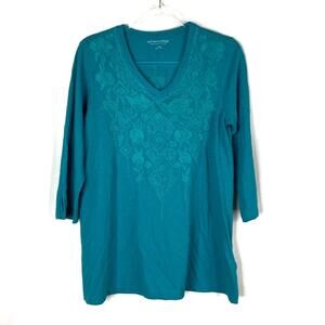 Soft Surroundings Teal Embroidered Floral Paisley Half Sleeve V-Neck Tee Shirt S